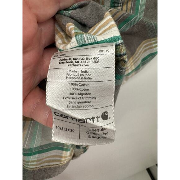 Carhartt Men's Lg Green Plaid Relaxed Fit Cotton Button Down Short Sleeve Shirt - Picture 4 of 5